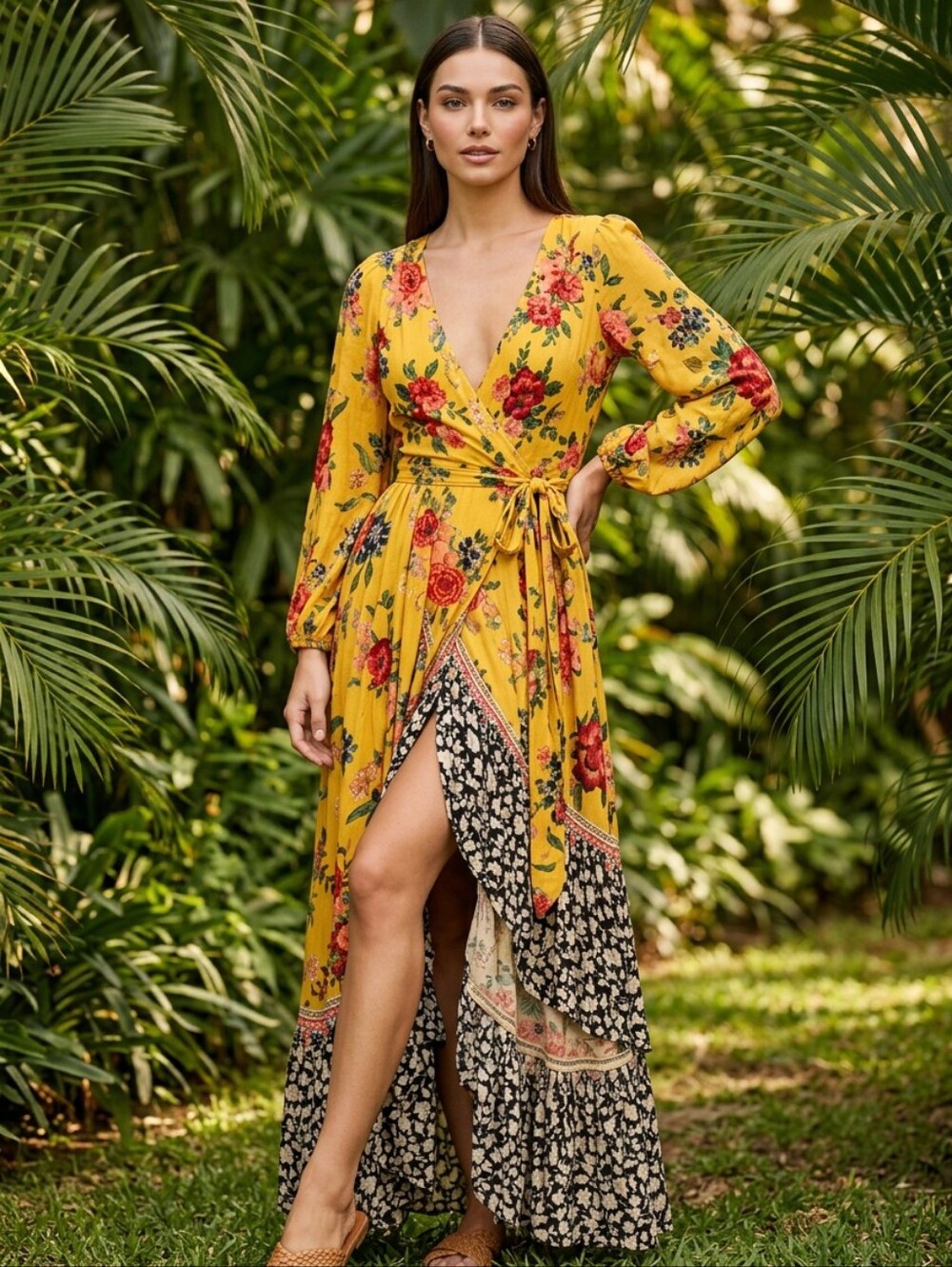 FARM Rio Sunlit BOHO Yellow Floral Wrap Maxi Dress with Contrasting Hem